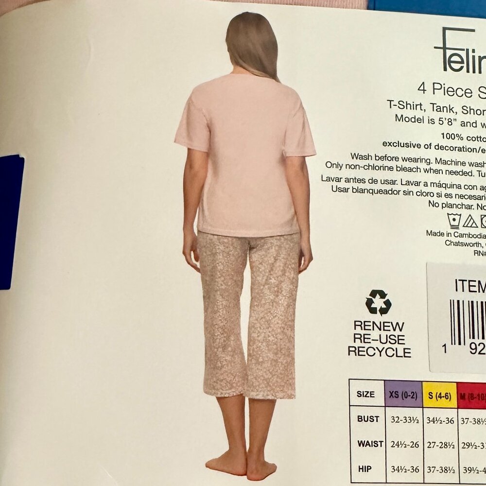Felina Women's 4 Piece 100% Cotton Sleep Pajama Set L Tee Tank Short Capri Pant - Picture 7 of 10
